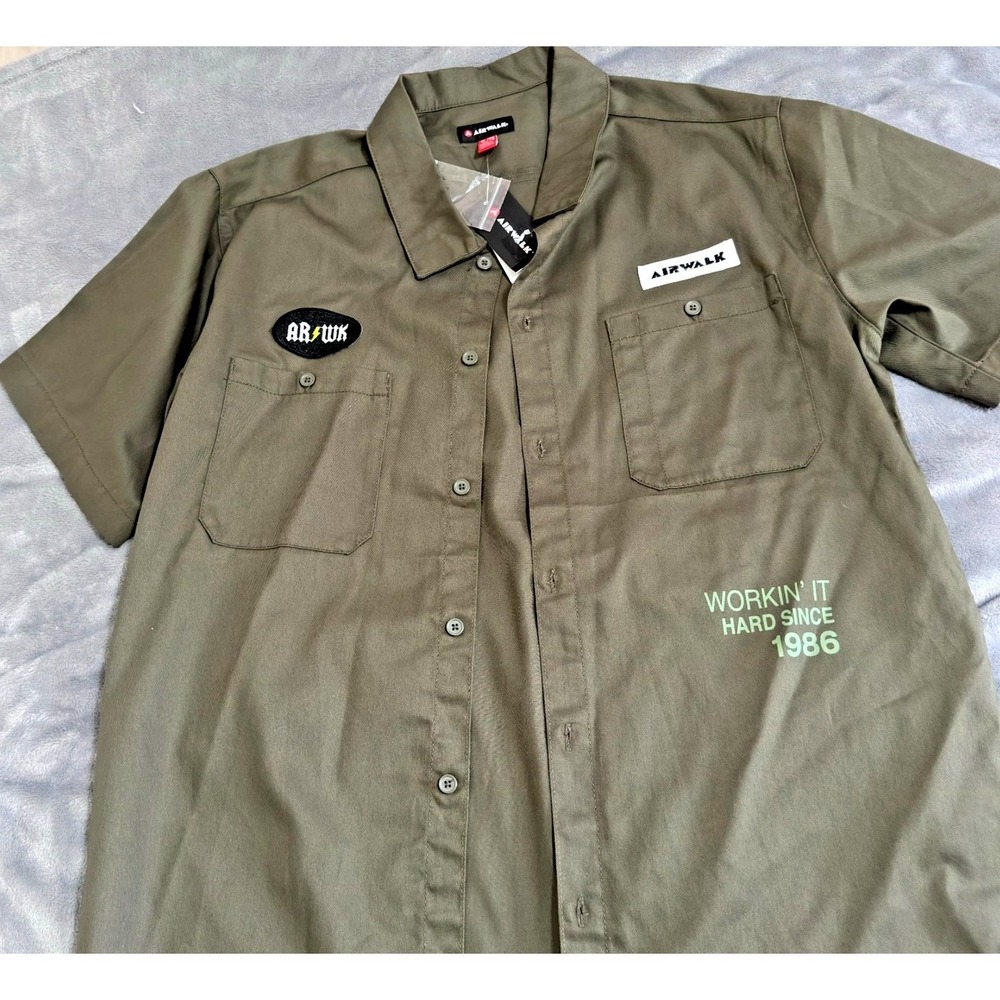 Y2K Work Shirt Mens XL Olive Button Front Utility Mechanic NWT Skatewear